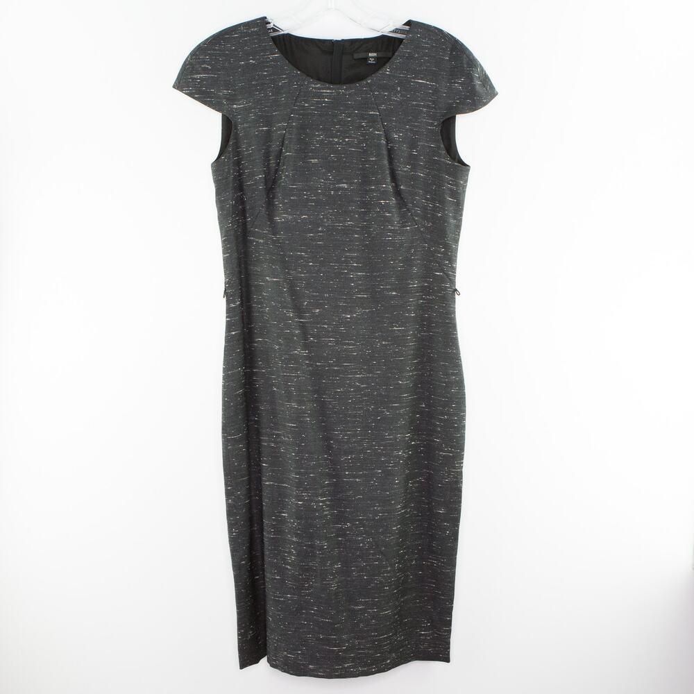 HUGO BOSS Sheath Dress Cap Sleeve Size 2 Wool Silk Blend Gray Black White